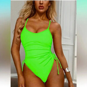 Tummy Control One Piece Swimsuits Ruched Drawstring Bathing Suits Swimwear, M